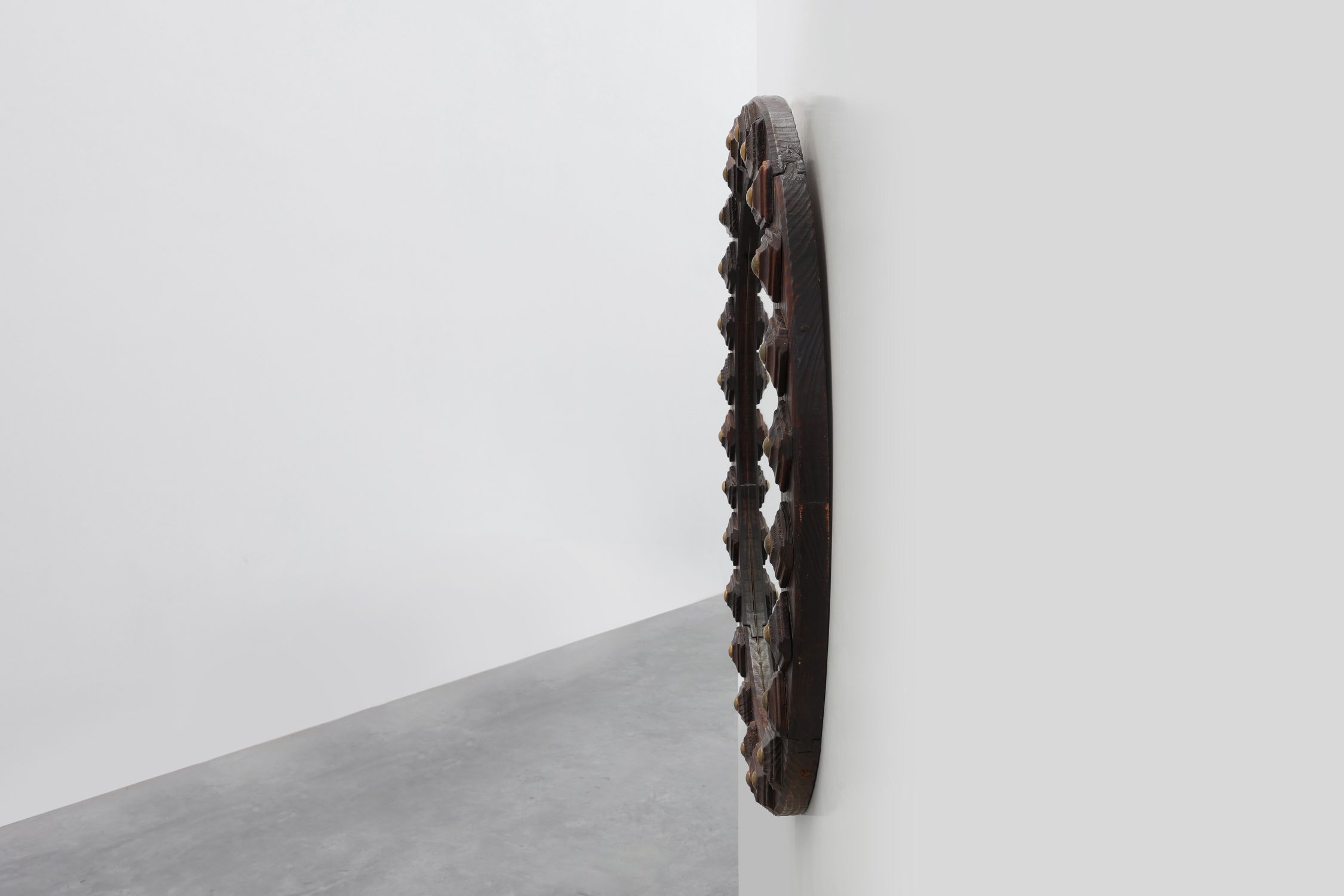 Spanish Brutalist Oval Mirror in Hand-Carved Wood with Brass Studs, 20th Centurythumbnail